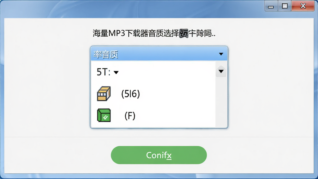 海量MP3下载器音质选择面板,主体为音质选项下拉菜单,布局为居中设置窗口,排版简洁,风格为轻量级设置界面,细节包含比特率数字、格式图标、确认按钮,画质高清,干净,无多余元素