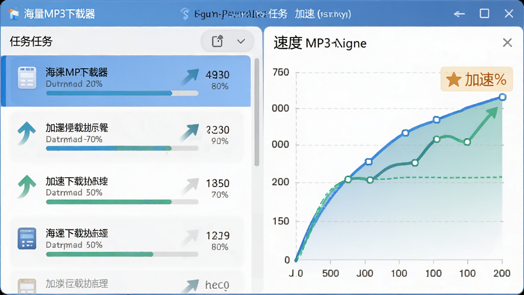 海量MP3下载器多线程下载加速示意,主体为下载任务列表与速度曲线,布局为左侧任务队列右侧速度图表,排版动感,风格为数据可视化界面,细节包含多线程箭头、进度百分比、加速标识,画质高清,干净,无多余元素