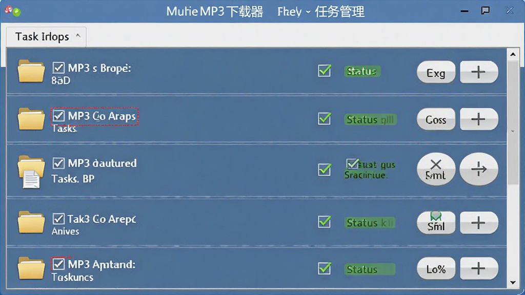 海量MP3下载器批量任务管理界面,主体为多任务队列面板,布局为竖向任务列表带操作按钮,排版规整,风格为办公软件风格,细节包含文件夹图标、勾选框、状态标签,画质清晰,干净,无多余元素