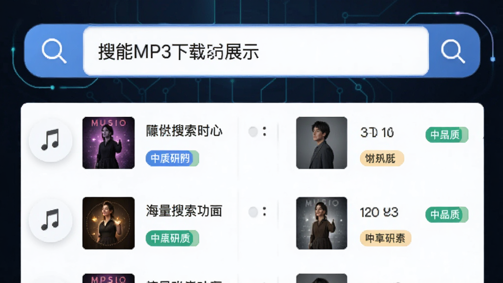 海量MP3下载器智能搜索功能展示,主体为搜索框与结果列表,布局为顶部搜索栏下方多条音乐结果,排版整齐,风格为科技感UI,细节包含放大镜图标、音乐封面缩略图、音质标签,画质清晰,干净,无多余元素