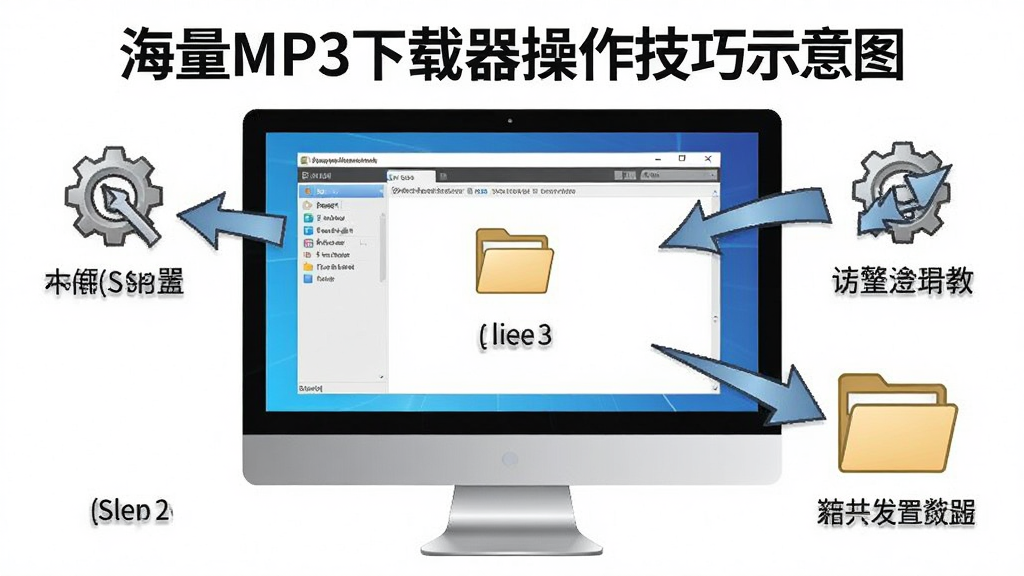 海量MP3下载器操作技巧示意图,主体为电脑屏幕与软件界面,布局为分步操作标注,排版教程风格,细节包含箭头指引、设置齿轮、文件夹图标,画质高清,干净,无多余元素