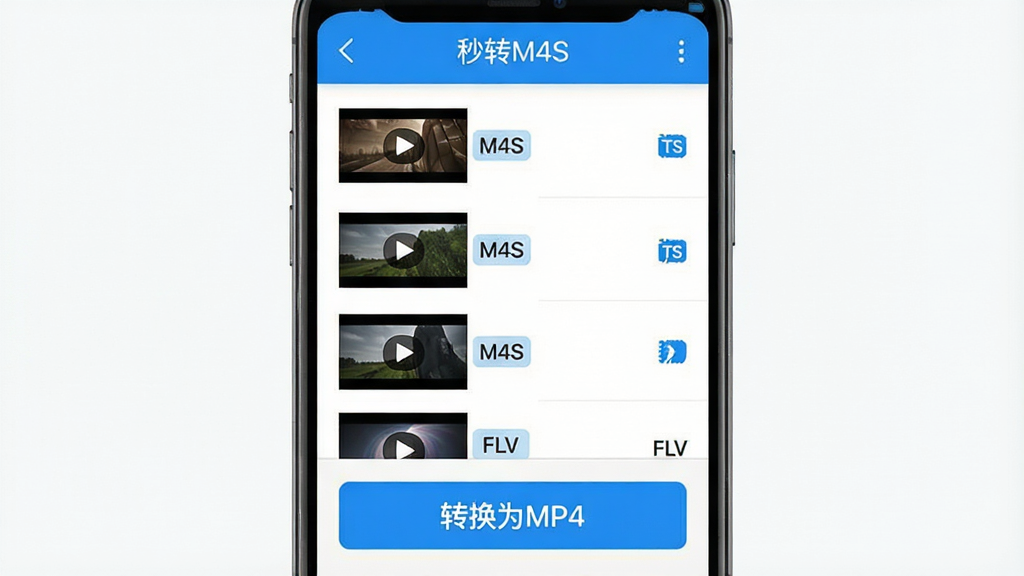����������һ���ֻ�Ӧ�ò������棬��Ļ��ʾ�����Ƶ�ļ��б���ÿ���ļ��Ա��и�ʽ��ǩ�硰M4S����TS����FLV�����·��С�ת��ΪMP4������Ŀ��ť����������ˬ��࣬��ɫ��Ϊ���״��䣬�������ơ���תM4S�������ڶ�����������ϸ�����������ʸɾ����޶���װ��Ԫ��