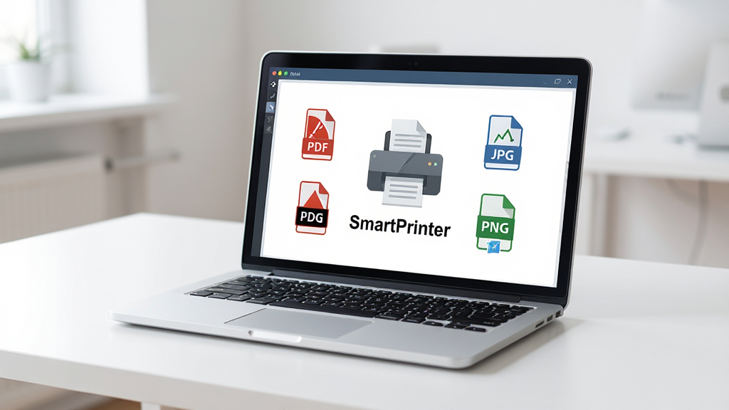 һ̨��ɫ�ʼǱ����Է���������İ�ɫ�����ϣ���Ļ��ʾSmartPrinter�����ӡ���������棬��������һ����Ŀ�������ӡ��ͼ��͡�SmartPrinter�����ֱ�ʶ���Ա���PDF��JPG��PNG�ȸ�ʽͼ�껷�ƣ����岼�ּ�����򣬲����ִ���ƽ����Ʒ�񣬻���ɾ�������ϸ������������Ϊ����4K���޶���Ԫ��