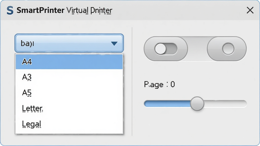 SmartPrinter�����ӡ���������ý����ͼ��񣬻���չʾֽ�ųߴ�ѡ�������˵����˵�������A4��A3��A5��Letter��Legal��ѡ��Ա���ҳ�淽���л���ť�����ű������飬����Ϊǳ��ɫ������Ϊ���ҷ���ʽ�����Ϊ��Լ������ƣ�ϸ���ϰ�ť����Բ�Ǻ͸߹�Ч�������ʸ��壬����ɾ����޶���Ԫ��