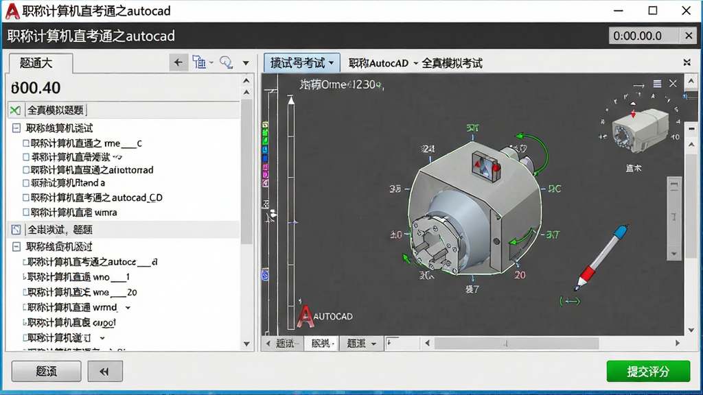 һ��չʾ��ְ�Ƽ����ֱ��֮ͨautocad��ȫ��ģ�⿼�Խ����ͼƬ������Ϊ���Դ��ⴰ����AutoCAD��ͼ��������ʾ������Ϊ���ҷ������Ű����Ϊ��Ŀ�б����Ҳ�Ϊ��ͼ�����������Ϊ�Ͻ��Ŀ���ϵͳ����磬ϸ�ڰ�������ʱ������Ŀ������ť����ɫ���ύ���ְ�ť�������������ɾ����޶���Ԫ��
