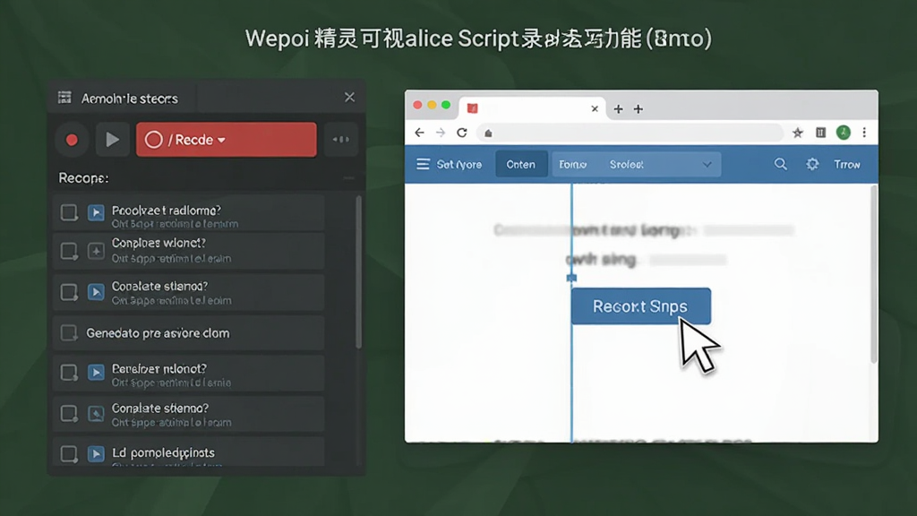 一张展示网页精灵可视化脚本录制功能的示意图,画面主体为软件录制面板与浏览器窗口并排,面板上显示红色的录制按钮和已生成的动作步骤列表,浏览器中鼠标指针正在点击一个按钮,画面风格为扁平化UI设计,细节丰富,画质清晰,画面干净整洁