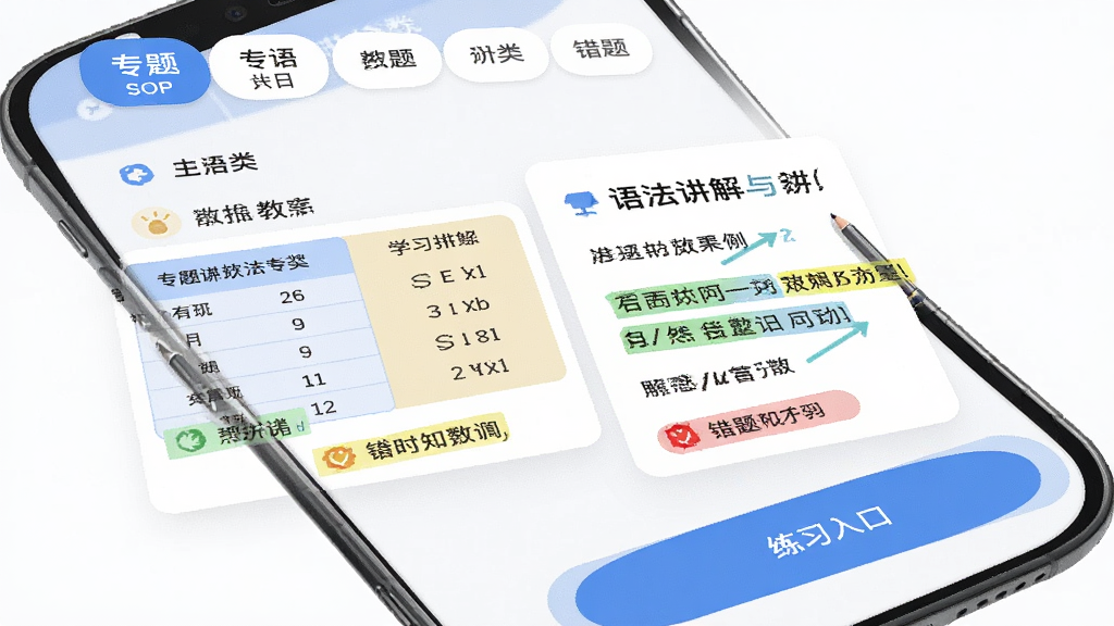 ����Ӣ��App�﷨ѧϰҳ�棬����Ϊ�ֻ���Ļչʾ�﷨ר���б��뽲�⿨Ƭ�������Ϸ�Ϊר������ǩ���м�Ϊ�﷨���⿨Ƭ���·�Ϊ��ϰ��ڣ��Ű������ֲ㣬���Ϊ���������ƽ�磬ϸ�ڰ�������Աȡ���������������ǣ����ʸ���ɾ��޶���Ԫ��