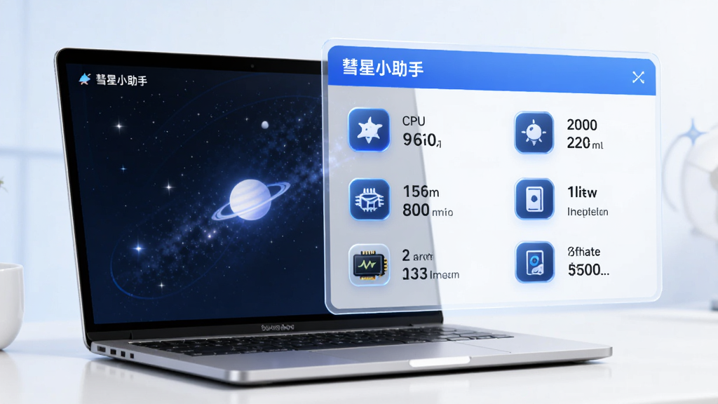 ����С����ϵͳ��Ϣ��⹦�ܽ��棬����չʾһ̨�ʼǱ������Ա������Ű�͸����ϵͳ��Ϣ��壬�������ʾCPU���ڴ桢�Կ���Ӳ�̵Ȳ���ͼ�꣬����ɫ���Ƽ��У������б�ע