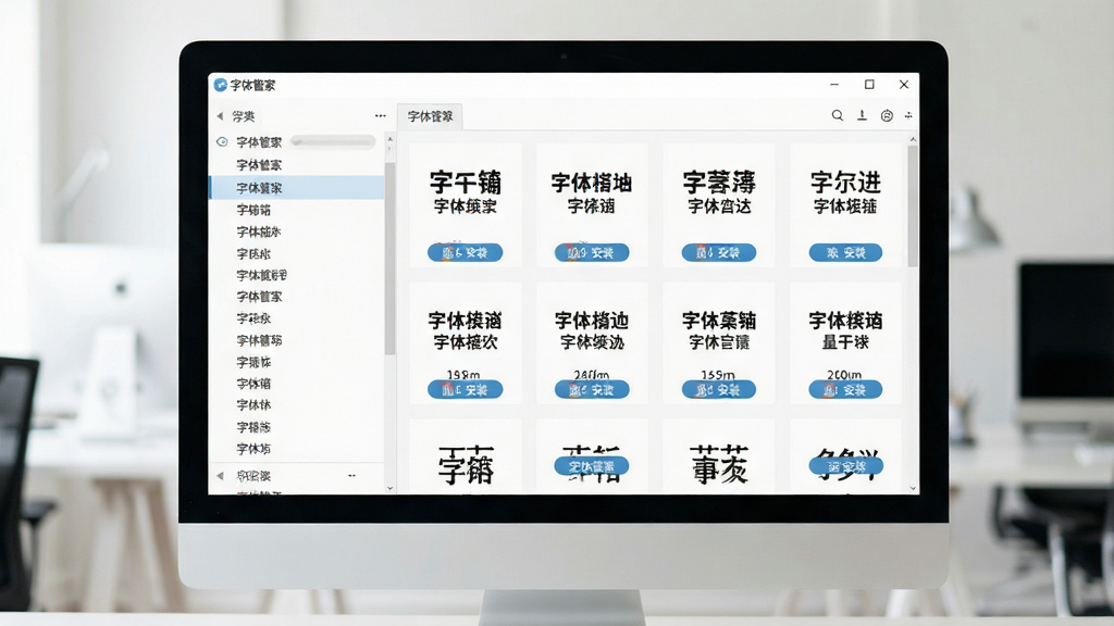 一张展示字体管家软件主界面的图片,主体为电脑屏幕中打开字体管家软件,界面左侧为字体分类列表,右侧为字体预览网格,布局居中清晰,排版整齐,风格为现代简约科技感,细节包含字体名称、预览字样和安装按钮,画质高清,干净,无多余元素