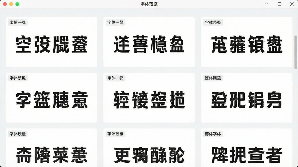 一张展示字体管家字体预览功能的图片,主体为软件界面中多款字体同时展示不同中文文字的预览效果,布局为网格状排列,排版整齐,风格为清新简约,细节包含字体名称标签和预览文字,画质高清,干净,无多余元素