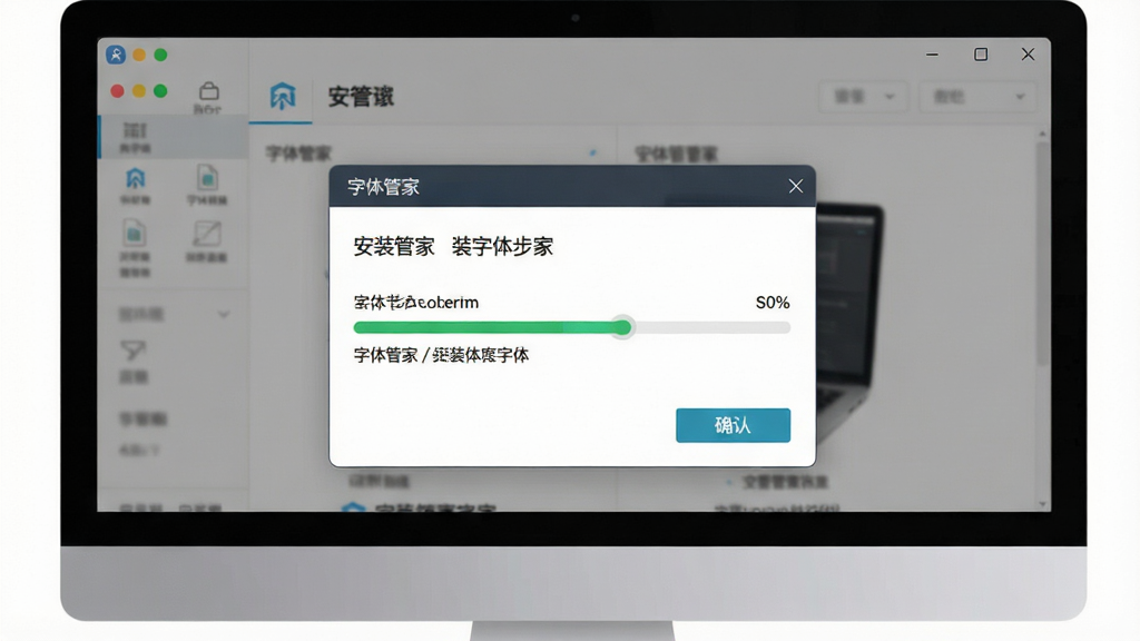 一张展示字体管家安装字体操作步骤的图片,主体为电脑屏幕中字体管家界面弹出安装进度窗口,布局为中央弹窗加背景软件界面,排版清晰,风格为现代简约,细节包含进度条、字体文件名称和确认按钮,画质高清,干净,无多余元素