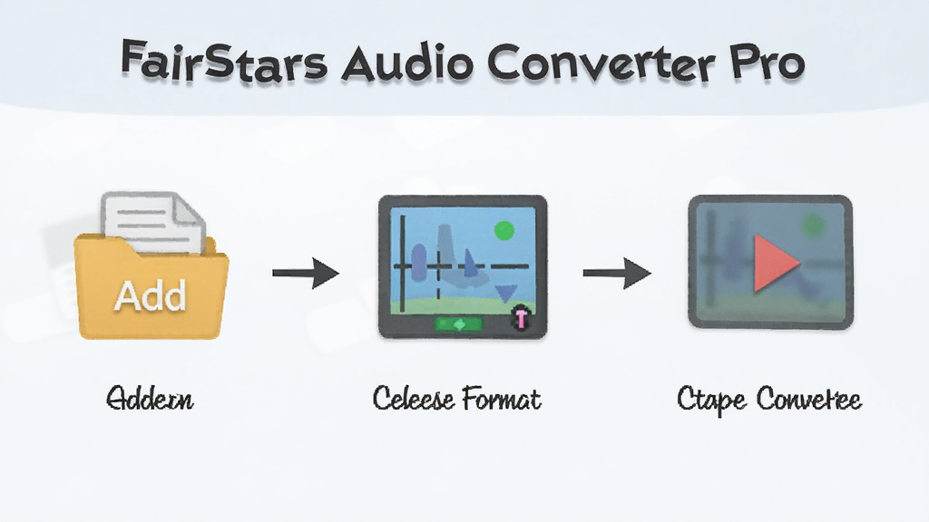 һ��չʾ FairStars Audio Converter Pro �������̵�ʾ��ͼ���������������Ϊ�����ļ���ѡ���ʽ����ʼת���������裬ÿ���������м��ͼ�������˵��������Ϊǳɫ���䣬����ƽ�������ֺ������У����ʸ��壬�ɾ��޶���Ԫ��