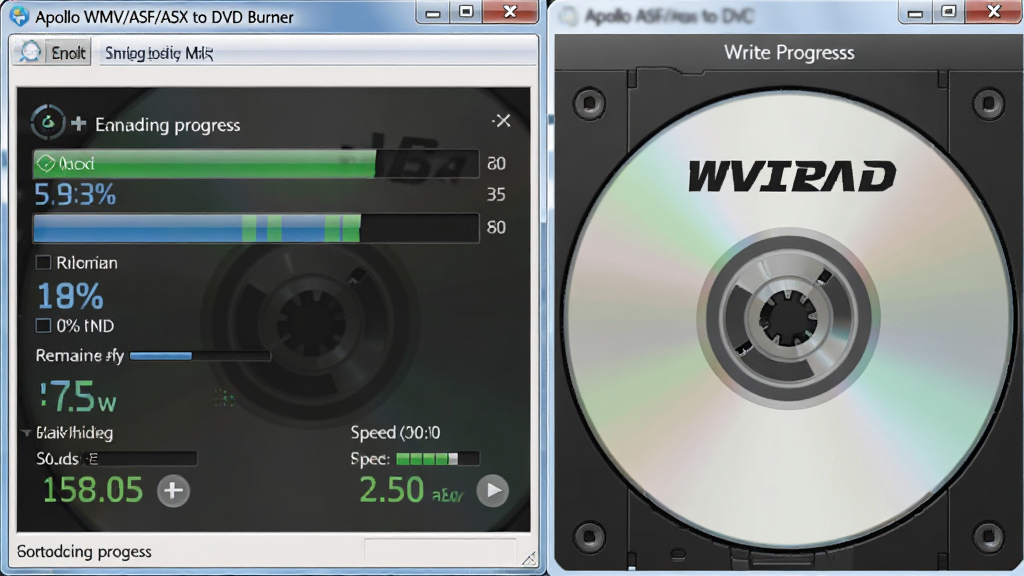 һ�� Apollo WMV/ASF/ASX to DVD Burner ��¼����ʾ��ͼ���������������Ƚ�����һ�����ڿ�¼�� DVD ���̣�����Ϊ���ҷ����������ʾ������ȣ��Ҳ���ʾ����д��״̬�����Ϊдʵ�Ƽ��磬ϸ�ڰ����ٷֱ����֡�ʣ��ʱ�䡢��¼�ٶ�ָʾ�����ʸ��壬�ɾ����޶���Ԫ�ء�