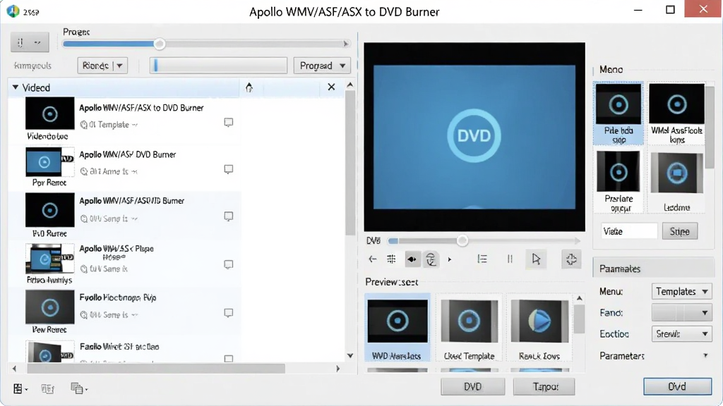 һ��չʾ Apollo WMV/ASF/ASX to DVD Burner ���������ͼƬ�����������������ڣ��������Ϊ��Ƶ�ļ��б����Ҳ�Ϊ DVD Ԥ�����ںͿ�¼����������壬�Ű����������Ϊ�ִ���Լ�Ƽ��磬ϸ�ڰ�������������¼��ť���˵�ģ������ͼ�����ʸ��壬�ɾ����޶���Ԫ�ء�