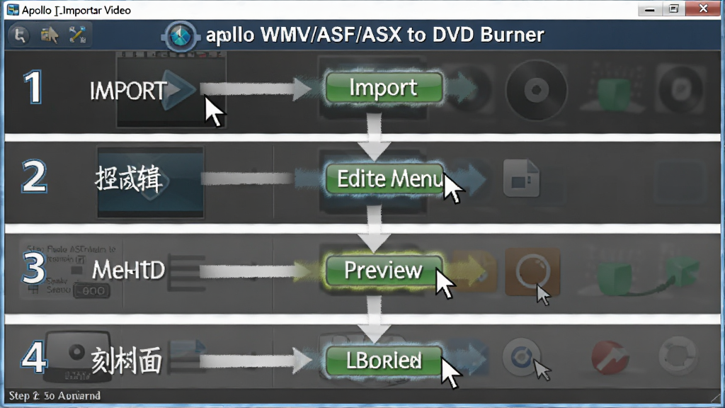 һ�� Apollo WMV/ASF/ASX to DVD Burner ��������ʾ��ͼ�����������������ͼ�������ͷ������Ϊ���ϵ��·ֲ�չʾ������Ƶ���༭�˵���Ԥ������¼�ĸ����裬���Ϊ�̳�ͼ��磬ϸ�ڰ������ָ�롢������ť��������ţ����ʸ��壬�ɾ����޶���Ԫ�ء�