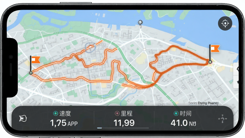 ���б�APP�켣��¼�����ͼ���ֻ���Ļ��ʾһ�����ѵ�����·��ͼ�����ڳ��е�ͼ�ϣ�·��������ɫ������ע�������յ�������ͼ�꣬��ͼ�·����ٶȡ���̡�ʱ���������壬����Ϊ���ɫ�Ƽ��н��棬�����������������࣬�޶���װ��Ԫ��
