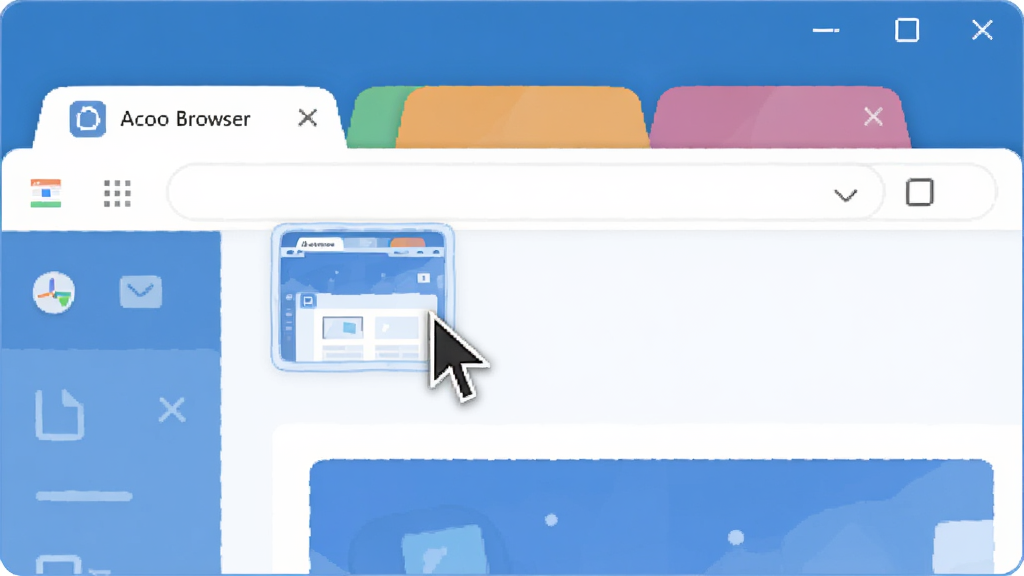 �����������Acoo Browser�����������ͼ���廭�����������Ŷ����ɫ��ǩҳ�����ָ������ͣ������һ����ǩ����ʾ����ͼԤ��������ɾ���࣬��ɫ���ɫΪ��ɫ������ƽ����ƣ������������ɾ����޶���Ԫ��