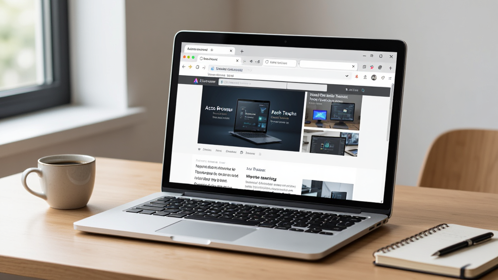 һ̨��ɫ�ʼǱ����Է���ǳɫľ���ϣ���Ļ��չʾ�Ű����������Acoo Browser���Ķ��ǩҳ�棬��ַ�������ɼ���ҳ������Ϊ�Ƽ���Ѷ��վ����������ֻ��һ�����Ⱥ�һ���ʼǱ�����Ȼ�����ര�����룬���Ϊдʵ��Ʒ��Ӱ��ϸ�ڷḻ�������������ɾ����޶���Ԫ��