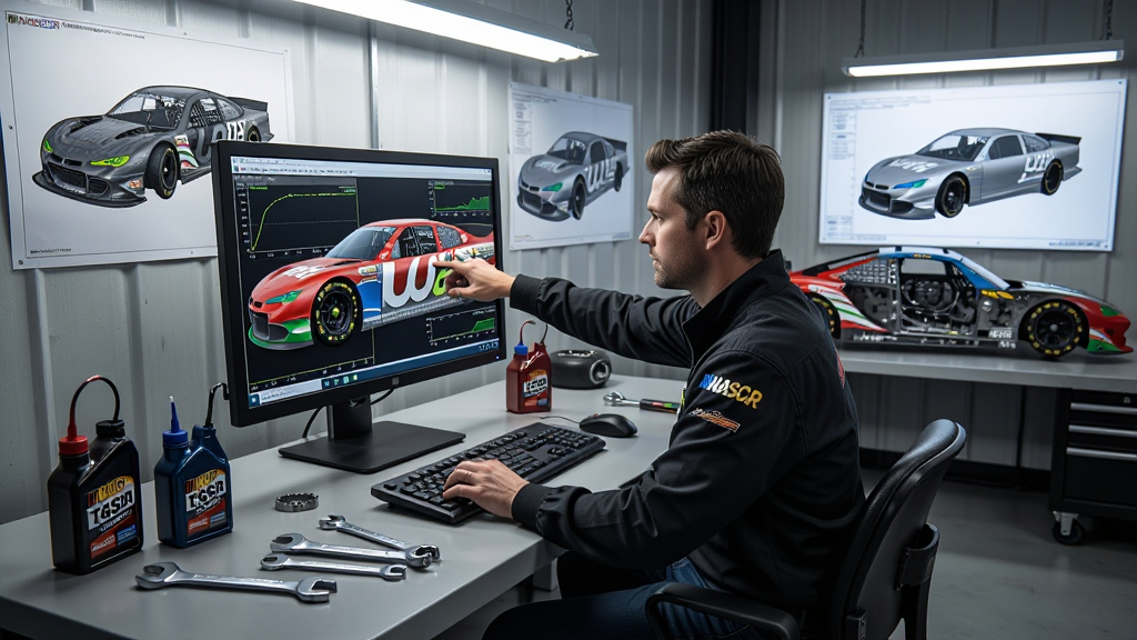 ������һ��NASCAR Manager�����з����䣬����ʦ���ڵ���ǰ���������Ŀ�������ѧ�������Ա��ǲ�⿪�����������3D��ģͼ�����ֲ��ù�ҵ�繤��̨�ӽǣ����Ϊдʵ���̳�����ϸ�ڰ������֡�����ƿ����Ļ�ϵ��������ߣ����ʸ��壬�ɾ����޶���Ԫ�ء�
