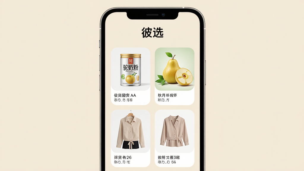 �ֻ���Ļ����չʾ��ѡApp����ҳ���棬�����ǡ���ѡ�����ֱ�ʶ��ҳ���������Ź�����Ʒ��Ƭ���������̷۹ޡ�������ˮ����Ůװ���µȣ�����Ϊǳ��ɫ�����ּ�����������Ϊ�ִ���ƽ��UI��ƣ�ϸ������ƷͼƬ����Բ�Ǿ��α߿򣬻��ʸ��壬�ɾ����޶���Ԫ��