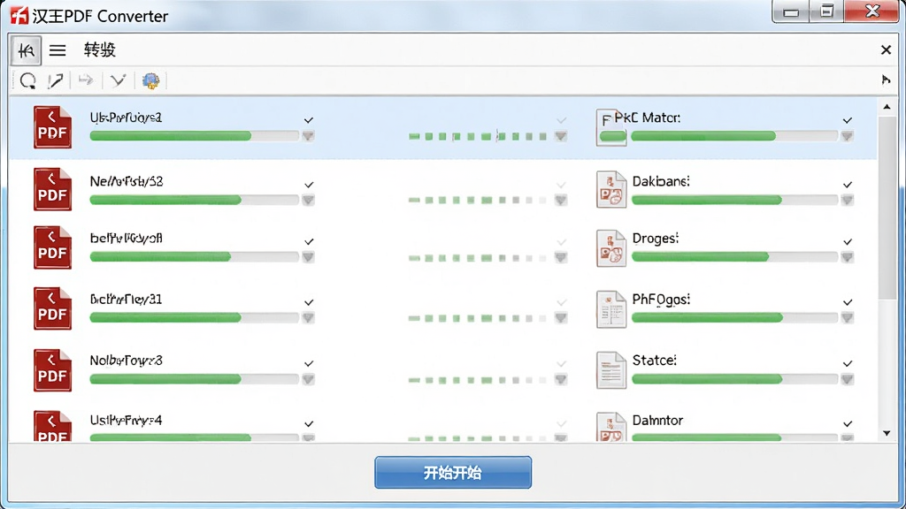 һ��չʾ����PDF Converter�����������ܵĽ����ͼ��������������������ʾ�˶��PDF�ļ��б���ÿ���ļ��Ա���״̬���������ײ��п�ʼת����ť�����岼���������򣬽�������רҵ������
