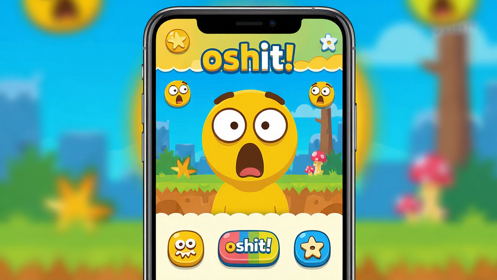 一张展示 oshit! 游戏主界面的手机预览图,主体为一部竖屏智能手机,屏幕中央显示色彩鲜艳的卡通游戏场景,包含夸张的惊讶表情元素和搞怪按钮,布局简洁明快,排版居中突出屏幕内容,风格为扁平化休闲游戏UI,细节包含明亮的黄蓝撞色搭配和圆润的图标设计,画质清晰干净,无多余元素