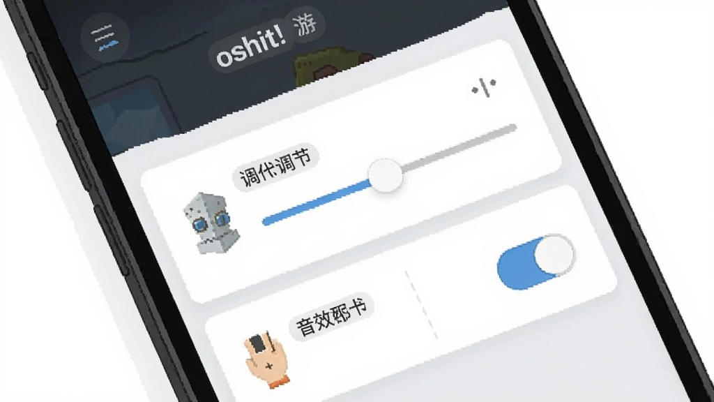 一张展示 oshit! 游戏设置界面的手机截图插画,主体为手机屏幕显示画质调节滑块和音效开关,布局为纵向列表排版,风格为简洁现代UI,细节包含清晰的图标和文字标签,画质干净无杂乱元素