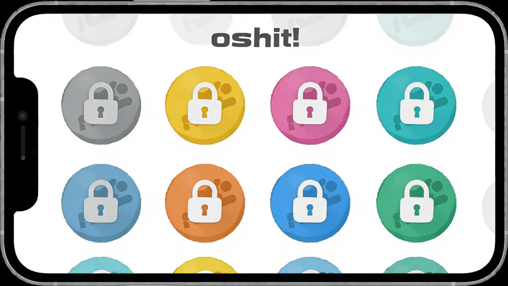 一张展示 oshit! 关卡选择界面的截图风格图片,主体为手机屏幕内排列着多个圆形关卡图标,布局为网格状整齐排列,排版清晰直观,风格为清新扁平化设计,细节包含锁定的灰色图标和已解锁的亮色图标对比,画质干净整洁,无多余元素