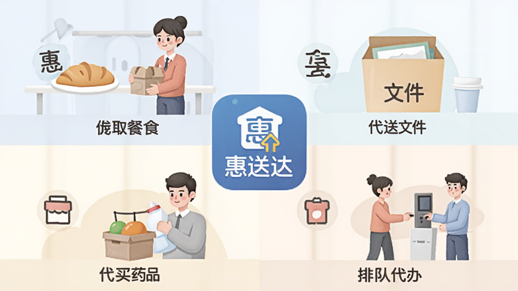 һ��չʾ�������ȷ��񳡾�����ϲ廭�������Ϊ�ĸ�С�񣬷ֱ�����ȡ��ʳ�������ļ�������ҩƷ���ŶӴ��죬ÿ��С���ж�Ӧ��ͼ��ͼ�����ֱ�ǩ��������ͳһΪ��ƽ���廭��ɫ����ͣ����������С����ʹӦ��ͼ�꣬���������ɾ����޶���Ԫ��