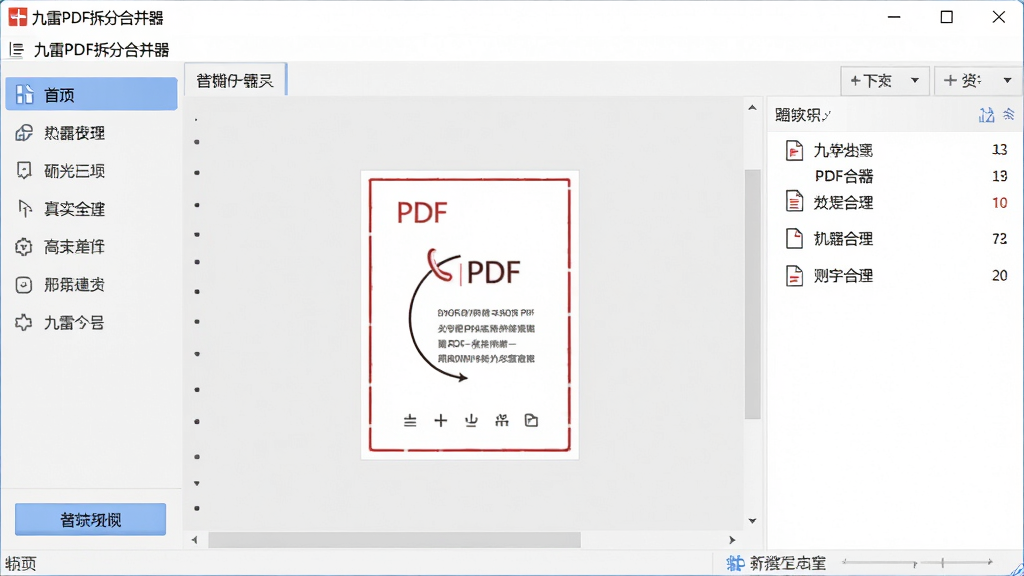 һ�Ÿɾ�����������չʾͼ�������Ǿ���PDF��ֺϲ����������ڣ�����Ϊ��๦�ܵ��������Ҳ��ļ��б���������������ʾPDF�ļ�����ͼ��������Ϊ�ִ���Լ��ǳɫ���⣬ϸ�ڰ��������˵������ײ�״̬���Ͳ�����ť�������������ɾ����޶���Ԫ��