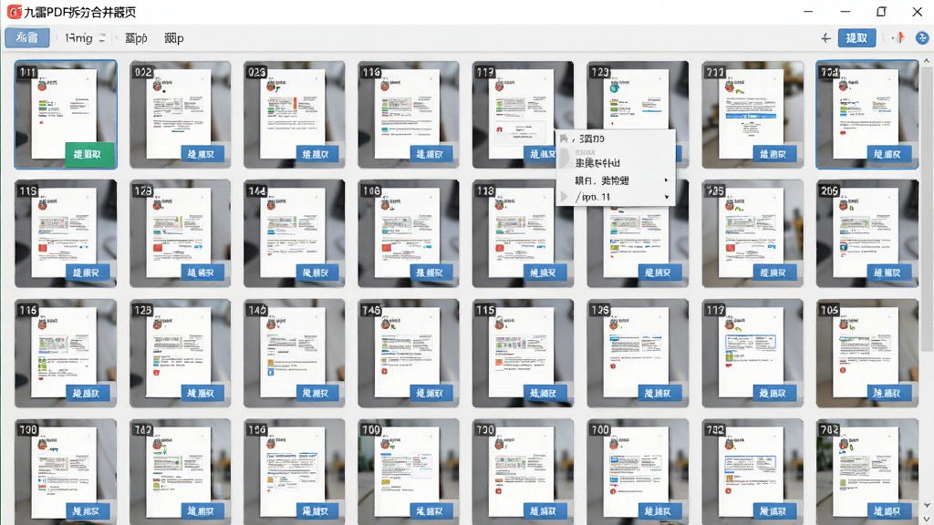 һ��չʾ����PDF��ֺϲ���ҳ��������ܵ�ʾ��ͼ�����������������е�ҳ������ͼ���񣬲���Ϊ���ж��е�����ͼչʾ���Ű����򣬷��Ϊ�ִ��칫�������棬ϸ�ڰ���ҳ���ű�ǩ���Ҽ��˵�����ȡ��ť�������������ɾ����޶���Ԫ��
