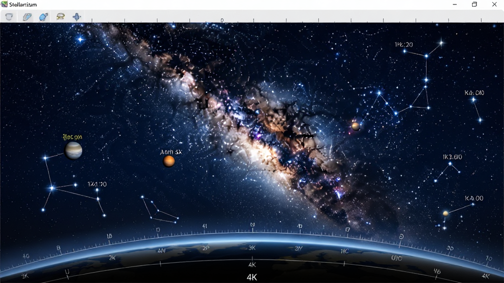 �������Ĺݣ�Stellarium�������������棬����Ϊ����ɫҹ�ձ����µ�3D�ǿ�ģ�⻭�棬��������չʾ�����ӽǵ����������������ߣ��Ű����ȫ������ʽ��ƣ����Ϊдʵ������Ӱ������������ϣ�ϸ�ڰ�����˸�ĺ��ǡ����Ǳ�ǩ����ƽ�������뷽λ�̶ȣ�����Ϊ4K�����壬�ɾ��޶���Ԫ��