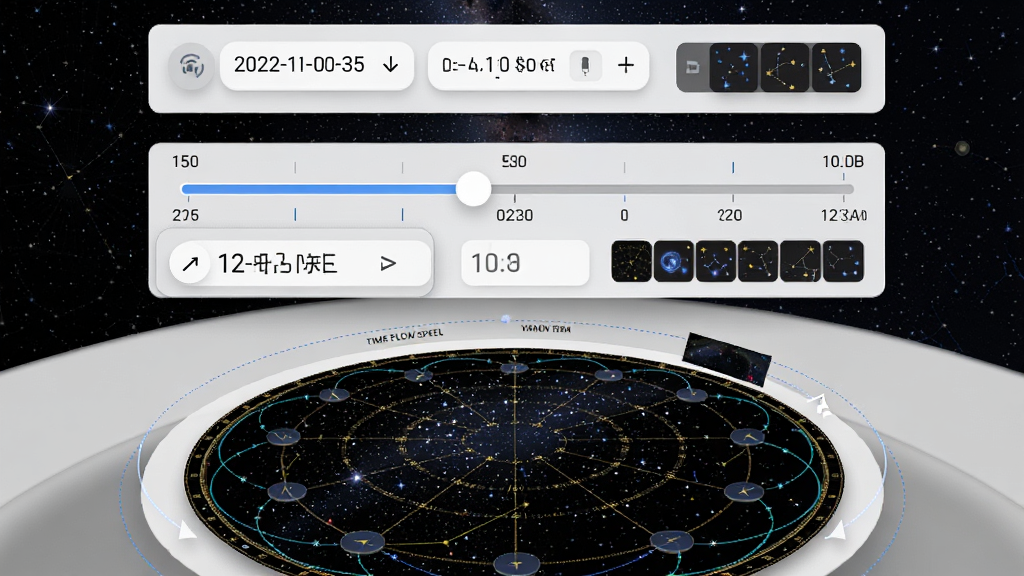 �������Ĺݣ�Stellarium��ʱ�����������ǿ��������棬����Ϊ����ʱ���Ử����ǿ���ͼ�������Ϸ�Ϊ����ʱ��ѡ�������·�Ϊ��̬��ת����ͼ���Ű���������ؼ���ƣ����Ϊ�ִ�UI��ŵ���ͼ�ںϣ�ϸ�ڰ���ʱ�����ټ�ͷ����γ���������ʵʱ����仯������Ϊ���壬�ɾ��޶���Ԫ��