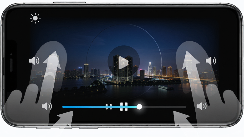 ҹ�ܸ��岥�������ƿ��ƹ���ʾ��ͼ������Ϊһ�������ֻ�����Ļ����ʾ���Ž��棬������������ָ�����켣��ͷ������Ϊ���ҶԳƣ��Ű����������Ϊдʵ�Ƽ��磬ϸ�ڰ�������ͼ�ꡢ����ͼ�ꡢ���������������Ƽ�ͷΪ��ɫ��͸��������Ϊ���壬����ɾ����޶���Ԫ��