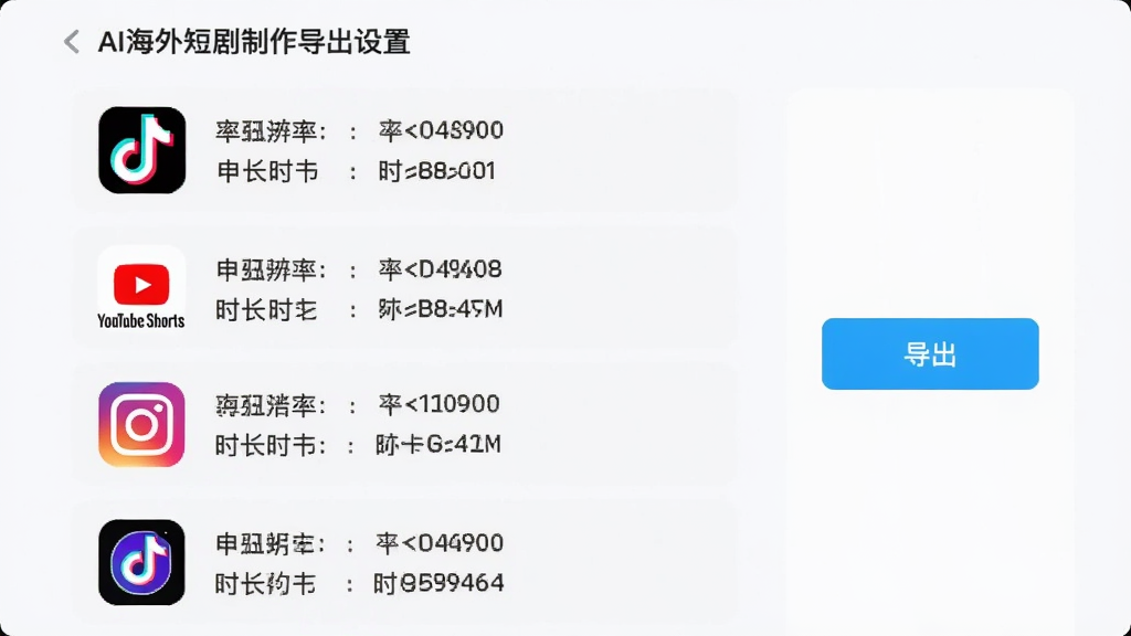 AI����̾�������������ҳ�棬�������г�TikTok��YouTube Shorts��Instagram Reels��ƽ̨ͼ�꣬ÿ��ͼ���Ա�ע�ֱ��ʺ�ʱ���������Ҳ��ǵ�����ť��ǳɫ��Լ��񣬲��ֹ��������ʸ��壬�޶���Ԫ��