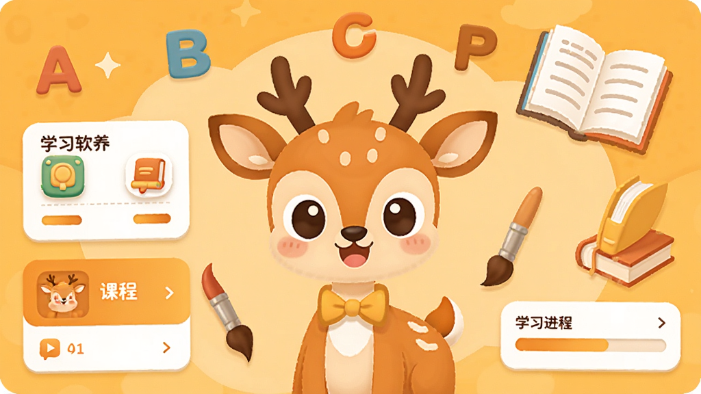 С¹��������������չʾ����������Ϊһֻ�ɰ��Ŀ�ͨС¹������Χ����Ӣ����ĸ���鱾�����ʵ�ѧϰԪ�أ��������������ů�ĳȻ�ɫ�������ּ�����������Ϊ��ƽ����ͨ�廭��ϸ�ڰ����γ̿�Ƭ��ѧϰ�����������������ɾ����޶���Ԫ��
