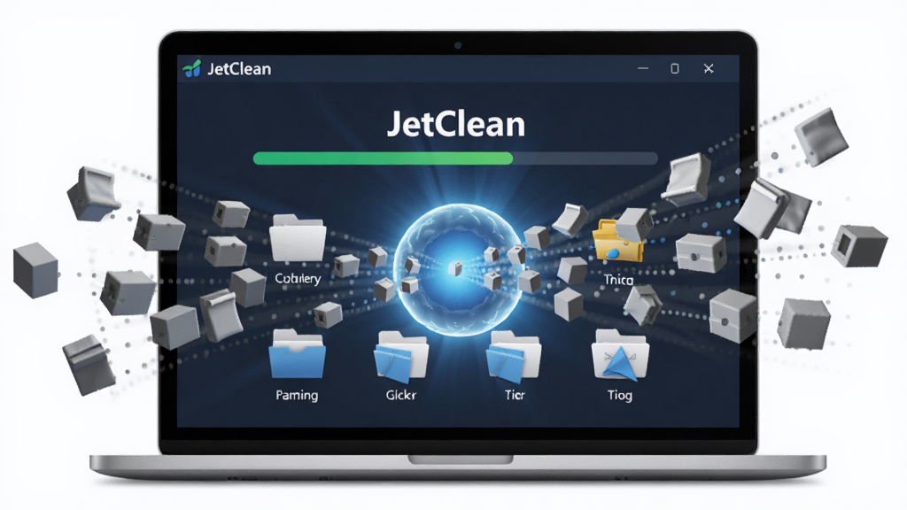 һ��AI���ɵ�ͼƬ������������һ̨�ʼǱ�������Ļ����Ļ����ʾJetClean������һ��ɨ����棬�н��������ļ�����ͼ�꣬��Χ�����Ŵ��������ļ��Ļ�ɫС�������ڱ�������Ļ�������ɫ�����У����־��У����Ƽ���Լ��ϸ�����������ʸɾ���ͼƬ�����֡�JetClean�������ɼ�