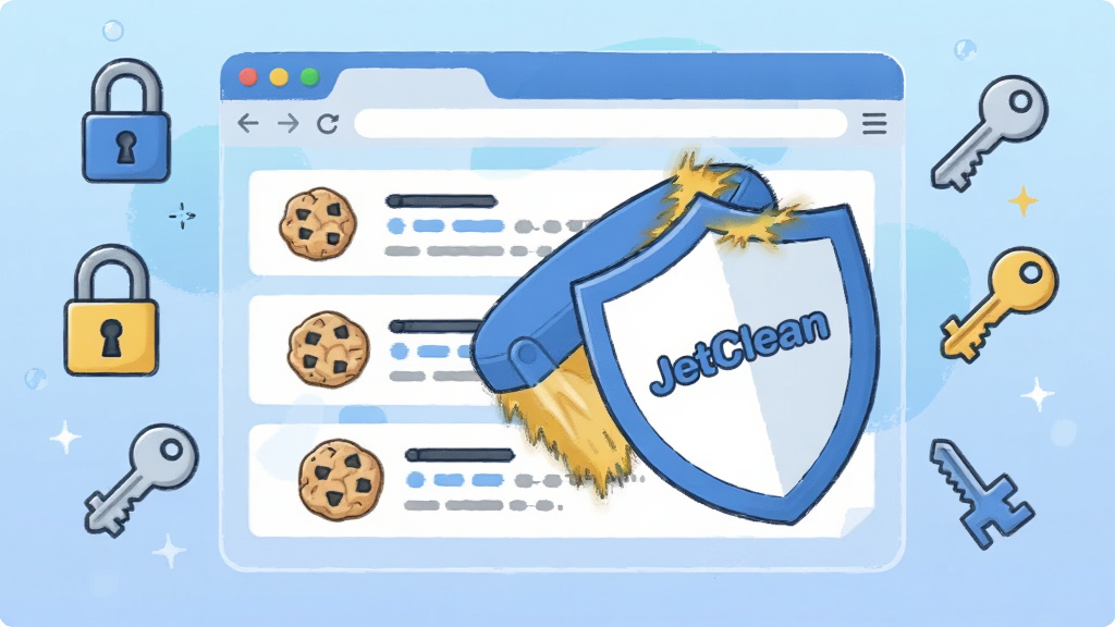һ��AI���ɵ�ͼƬ������������һ����͸������������ڣ���������ʾ���������¼��Cookieͼ�����ڱ�һ�����С�JetClean���Ķ�������๤�߲�����������Χ������Կ�׵ķ��ţ����ֲ������ĶԳƣ�����ƽ���廭��ϸ�����������ʸɾ�������Ϊǳ��ɫ����