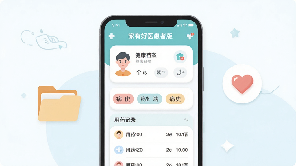 ��������Ϊ�ֻ���Ļչʾ��������ҳ�棬����������Ϣ��Ƭ����ʷ��ǩ����ҩ��¼�б�������Ϊ�ֻ����У��Ա����ļ����밮��ͼ�ꣻ�Ű���ÿ�Ƭʽ���������Ϊ���Բ�Ǳ�ƽ�廭��ϸ������Ļ�����С����к�ҽ���߰桱��ʶ����������������ɾ���������Ԫ��