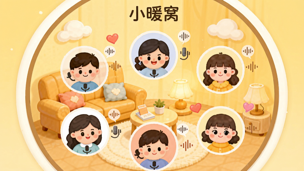 ����������һ����ܰ��Բ������������棬��λ��ͨ������û�ͷ��Χ���ڷ������룬ÿ����ͷ�϶�����˷�ͼ���������������������͵�ů��ɫ�����ƶ�װ�Σ����ֲ������ĶԳƵ�Բ�ι�ͼ���Ű�����������Сů�ѷ��ڻ��涥������λ�ã����Ϊ��ƽ���ɰ��廭�磬ϸ�ڰ��������ڵ�ɳ����������С̨���Լ�Ʈ���İ������ݣ����������ɾ����޶���Ԫ�أ������Χ��ů����