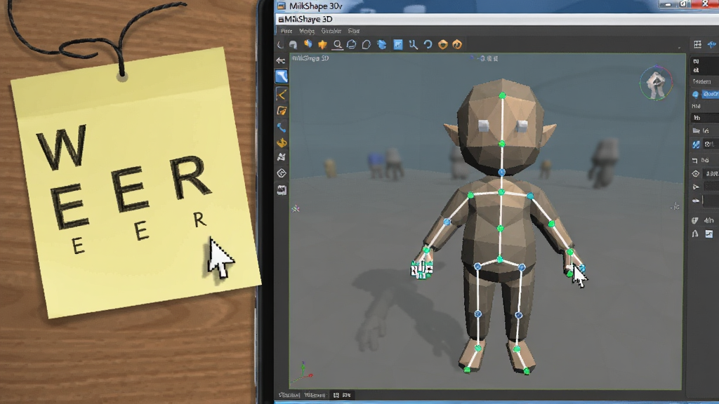 ����չʾMilkShape 3D��������������д����Ļ����ʾ�Ͷ���ν�ɫģ��������ߣ��Ա߷���д�п�ݼ��ı�ǩֽ�����ֲ������温���Ű棬���Ϊѧϰ�ʼǷ��ϸ�ڰ�����ǩ�ϵ���ĸ��W����E����R�������ָ�롢ģ�Ͷ����ǣ������������ɾ����޶���Ԫ��
