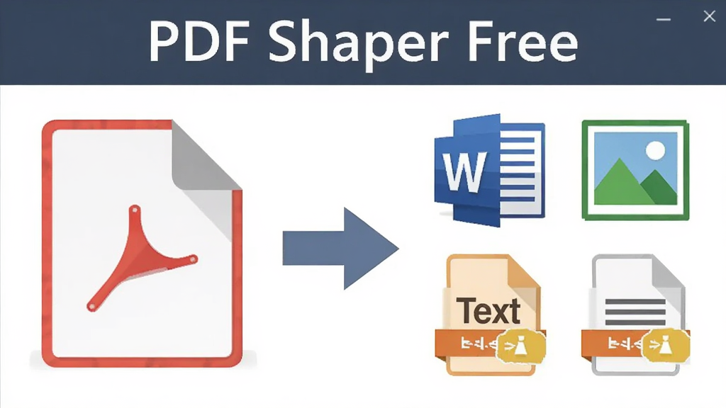 һ��չʾPDF Shaper Free��ʽת�����ܵ�ͼƬ�����������ΪPDF�ļ�ͼ�꣬�Ҳ�ΪWord��ͼƬ���ı��ȶ��ָ�ʽͼ�꣬�м��м�ͷ��ʾת�������������ơ�PDF Shaper Free����ʾ�ڻ��涥�������Ϊ��ƽ���Ƽ��У����־��У�ϸ�����������ʸ��壬�ɾ��޶���Ԫ��