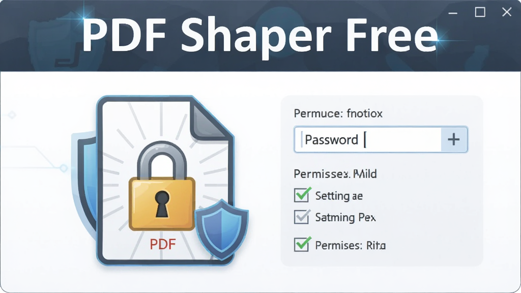 һ��չʾPDF Shaper Free���ܽ��ܹ��ܵ�ͼƬ��������һ��PDF�ļ�ͼ������һ�������Ա�������������Ȩ������ѡ��������ơ�PDF Shaper Free����ʾ�ڻ��涥�������Ϊ��ȫ�Ƽ��У����־��У�ϸ�ڰ�����ͼ�ꡢ����Ԫ�غ�Ȩ�޹�ѡ�򣬻��ʸ��壬�ɾ��޶���Ԫ��