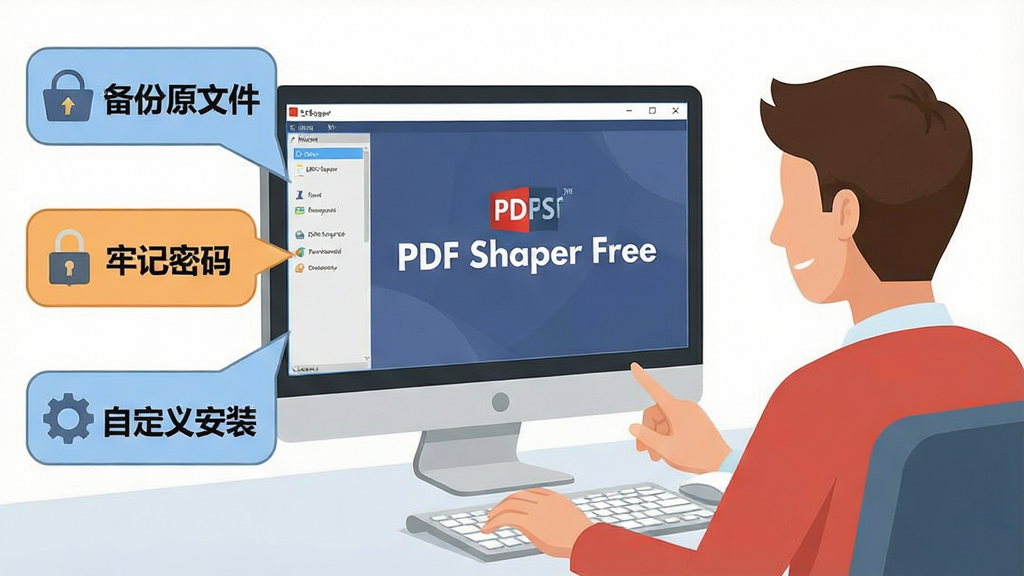 һ��չʾPDF Shaper Free����ʹ��ע�������ͼƬ��������һλ�û����ڵ���ǰ�����������Ա�����ʾ������ʾ������ԭ�ļ������μ����롱���Զ��尲װ�������֣��������ơ�PDF Shaper Free����ʾ����Ļ���룬���Ϊ��ƽ���廭�磬����������ϸ�ڰ���������Ļ����ʾͼ����û����ƣ����ʸ��壬�ɾ��޶���Ԫ��