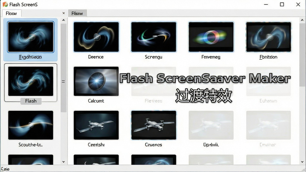 һ��չʾFlash ScreenSaver Maker������Ч�����Ľ���ͼ��������������������Чѡ��������������������Ŷ����Ч����ͼ��ÿ������ͼ�·�����Ч���ƣ����ֲ�������״���У����Ϊǳɫ������������棬ϸ�ڰ���ÿ������ͼ�Ķ�̬Ч��ʾ���ѡ��״̬�ĸ����߿򣬻��������ֱ�עΪ��Flash ScreenSaver Maker ������Ч��������Ϊ���壬����ɾ����޶���Ԫ��