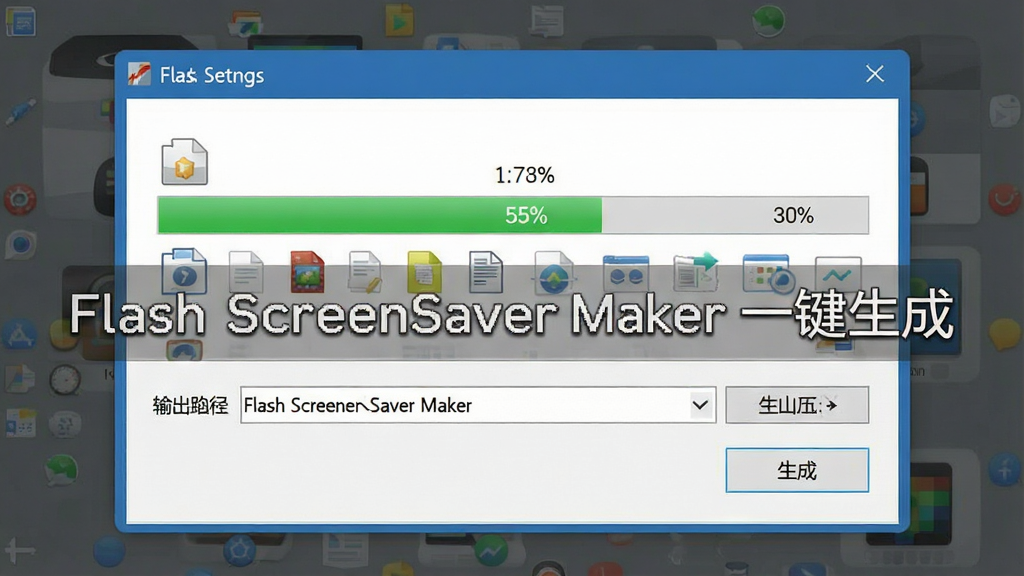 һ��չʾFlash ScreenSaver Maker�������ɰ�װ�����̵Ľ���ͼ�����������������ĵ������ô��ڣ���������һ����������ʾ���ڴ���ļ����������·������·��ѡ���͡����ɡ���ť�����ֲ��þ��нṹ�����Ϊ��ƽ����ƣ�ϸ�ڰ����������ϵİٷֱ����ֺ��ļ�ͼ�꣬���������ֱ�עΪ��Flash ScreenSaver Maker һ�����ɡ�������Ϊ���壬����ɾ����޶���Ԫ��