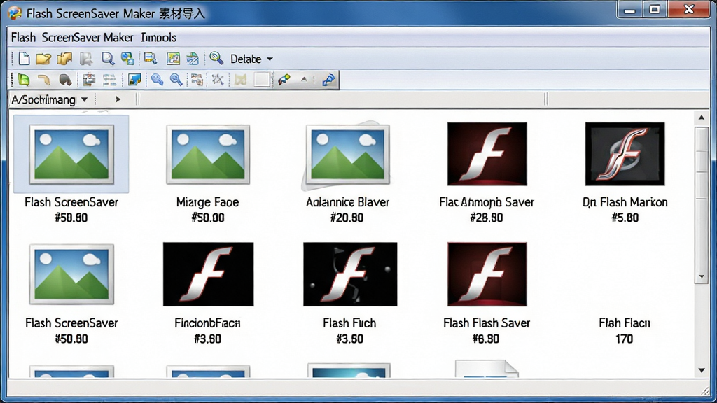 һ��չʾFlash ScreenSaver Maker���������زĹ��ܵĽ�����дͼ�������������������ļ�����Ի��򣬶Ի������г��˶��ָ�ʽ��ͼ�꣬����ͼƬ��ʽͼ���Flash������ʽͼ�꣬���ֲ������½ṹ���Ϸ��ǲ˵����͹��������·����ļ��б����򣬷��Ϊдʵ������ͼ���ϸ�ڰ���ÿ����ʽͼ���Ե����ֱ�ע���ļ���С��Ϣ�����������ֱ�עΪ��Flash ScreenSaver Maker �زĵ��롱������Ϊ���壬����ɾ����޶���Ԫ��
