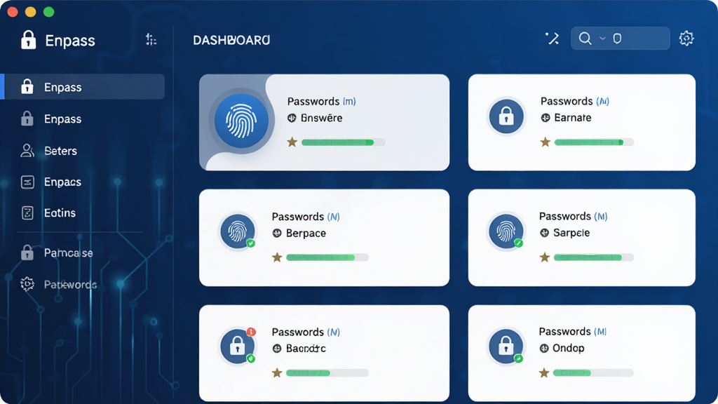 Enpass�������������������չʾ������Ϊ������ʾ������dashboard���棬���ֲ��������ർ�������Ҳ����뿨Ƭ�б��ľ���˫���ṹ���Ű��������򣬷��Ϊ�ִ���Լ����Ƽ��磬ϸ�ڰ�������ɫ���䱳��������ͼ�ꡢָ��ʶ��ť������ǿ��ָʾ�������ʸ���1080p������ɾ��޶���Ԫ�أ�������ˮӡ��