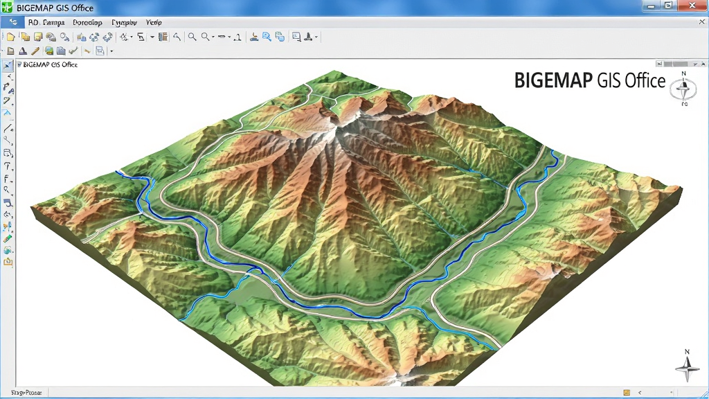 һ��չʾBIGEMAP GIS Office��ά����չʾ��ͼƬ�����������������ڳ����Ŵ��и߳�ɫ����Ⱦ����άɽ�ص��Σ������ϵ����ŵ�·�ͺ���ʸ���ߣ��ӽ�Ϊб���ӣ����дʵ���������ʸ��壬�ɾ��޶���Ԫ�أ�ͼƬ�д��С�BIGEMAP GIS Office������