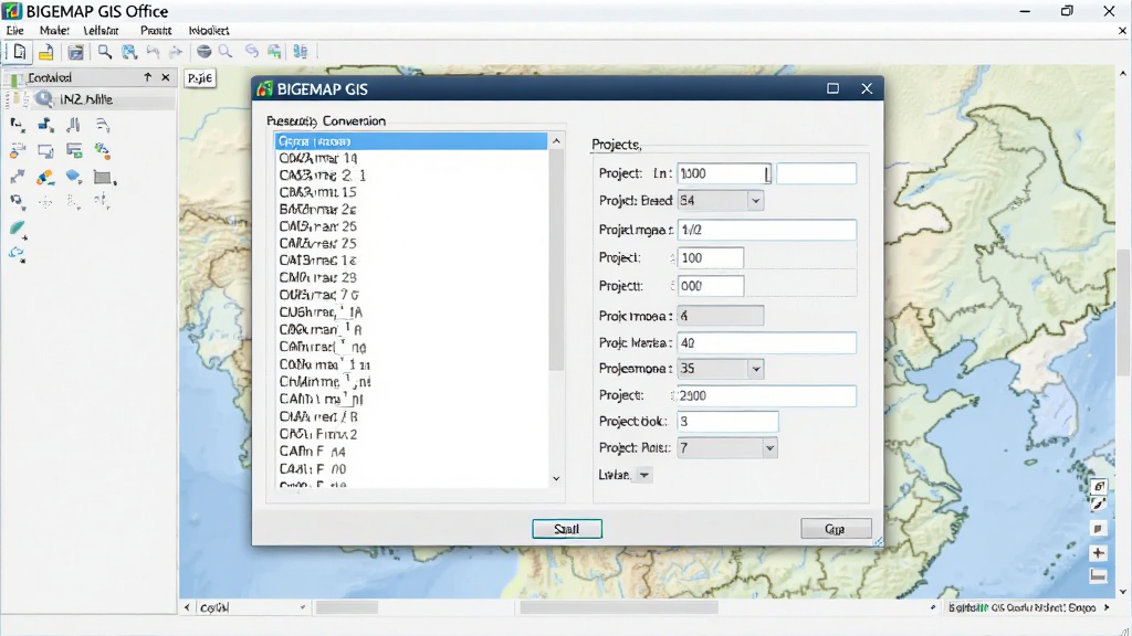 һ��չʾBIGEMAP GIS Office����ͶӰת�������ͼƬ����������������һ�����ô��ڣ��������г���������ϵѡ���ͶӰ��������򣬱����ǵ�ͼԤ�����򣬷����רҵ�����ʸ��壬�ɾ��޶���Ԫ�أ�ͼƬ�д��С�BIGEMAP GIS Office������